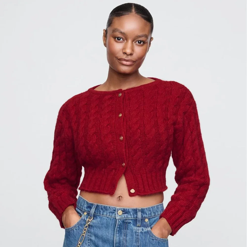 Gap x Cult Gaia Cropped Cable-Knit Cardigan Sweater in Red Medium NWT - Picture 2 of 7
